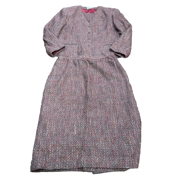 Vtg Lombardi Inc. Womens Purple Mohair Chevron Tweed Blazer & Skirt Suit Size 14 - Picture 1 of 16
